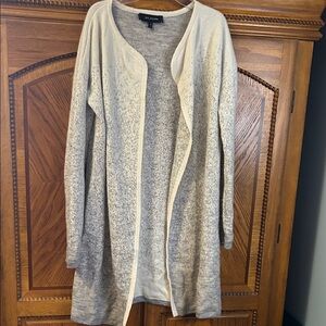 St. John black label long cardigan. Cream and gray. 52% cashmere. Size small.